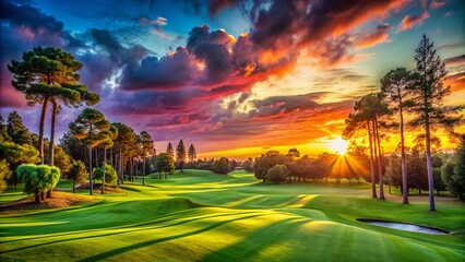 Breathtaking Golf Course Panorama at Sunset, Showcasing a Scenic Fairway Surrounded by Majestic Pines Under a Vibrant Sky, Perfect for Nature and Golf Enthusiasts