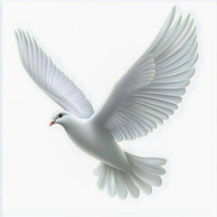 Obraz premium Elegant white dove in flight with wings spread, isolated on a white background, symbolizing peace and freedom. 1