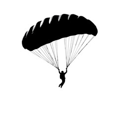 Silhouette of a parachutist against a white sky.