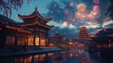 Fototapeta premium typical chinese architecture temple with fireworks in the sky on new year's eve