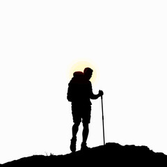 Silhouette of a hiker standing on a mountain top with a backpack and a walking stick. The sun is setting in the background.