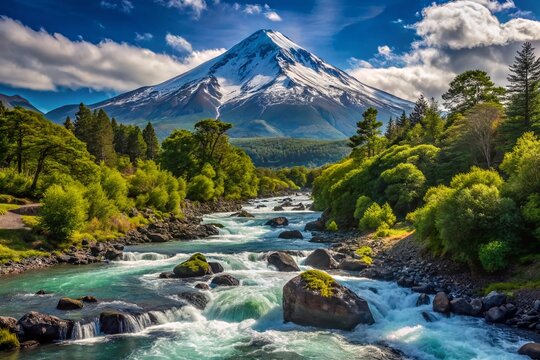 Breathtaking Landscape of Lanin Volcano, Mountain River, and Lush Green Trees in Lanin National Park, Patagonia, Argentina, Showcasing the Beauty of the Lake District