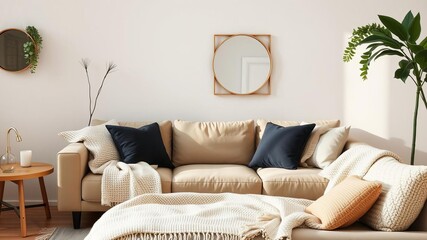 Cozy living room featuring a sleek modern sofa surrounded by soft cushions and a warm blanket, design, relaxation