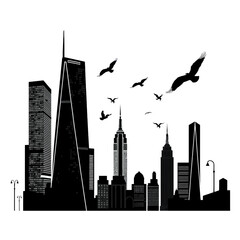 Silhouette of New York City skyline with birds flying