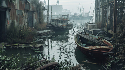 Desolate Waterfront: An image of a desolate waterfront with rotting docks and abandoned boats, symbolizing neglect and the decline of local industry.