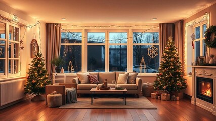Fototapeta premium Cozy Scandinavian living room decorated for Christmas and New Year with twinkling garlands and minimalist furniture, twinkling, evening