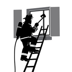 Silhouette of firefighter climbing a ladder, breaking a window with an axe