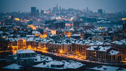 Obraz premium peaceful winter night in the city with snow covered streets illuminated by warm glowing lamps Winter Photo
