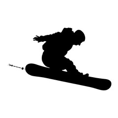 Silhouette of a snowboarder in mid air.