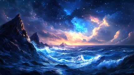 Fototapeta premium Dramatic Seascape Under a Starlit Sky
