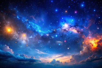 Naklejka premium Breathtaking Panoramic View of a Starry Night Sky with Vibrant Nebulae and Deep Blue Tones - Ideal for Cosmic Themes and Space Exploration Banners