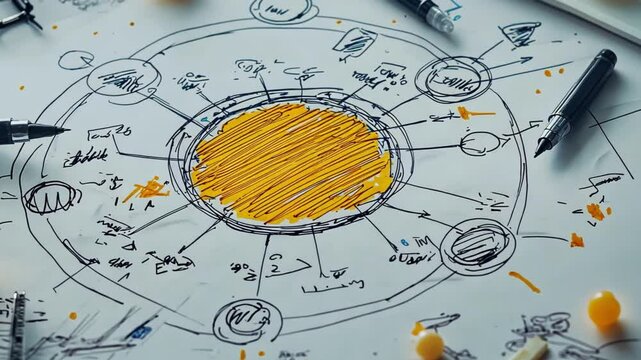 Hand-drawn mind map with yellow highlight on white paper, surrounded by pens and markers.  Illustrates brainstorming, planning, or idea generation.
