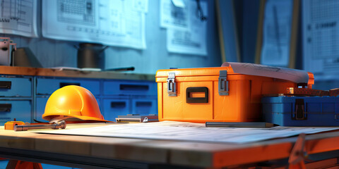 Fototapeta premium Workbench with Orange Toolbox, Hard Hat, and Blueprints