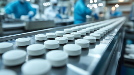 Close-up of white tablets moving along a conveyor belt in a pharmaceutical manufacturing facility, with workers in protective clothing.