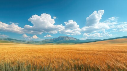 Obraz premium A serene landscape featuring golden fields under a blue sky with fluffy clouds and mountains.