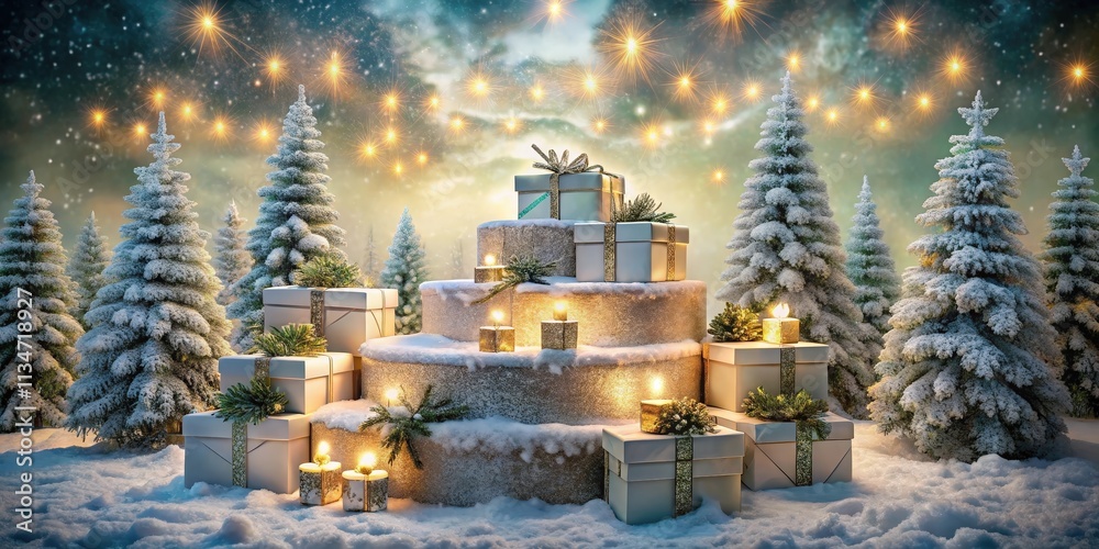 Aufkleber a festive stack of gifts adorned with twinkling lights and candles in a snowy forest