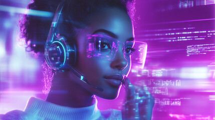 Futuristic woman with a digital headset, highlighting advanced AI-driven call center systems