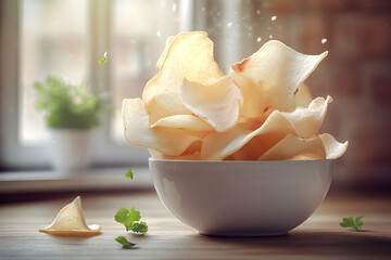Crispy potato chips falling into a bowl on wooden table.