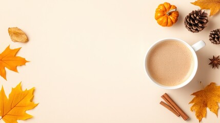 Autumnal Delight: Top-View Shot of Steaming Coffee, Plaid, Pumpkins, Leaves, Cones, and Spices on Beige Background - Space for Ad