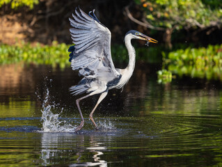 Cocoi Heron emerging from the water with a splash caught a fish holding it in its beak in Pantanal river of Brazil