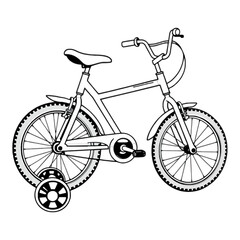 Black and white illustration of a bicycle with training wheels.