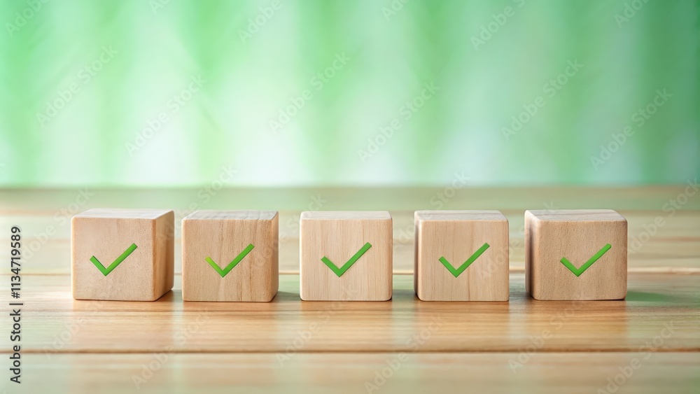 Poster five wooden blocks with green checkmarks on a wooden surface, each one representing a successful tas