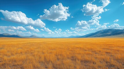 Obraz premium A vast golden landscape under a bright blue sky with scattered clouds and distant mountains.