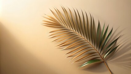 Fototapeta premium A single palm frond with golden brown and green leaves against a beige background. The leaf is backlit, creating a soft, warm glow.