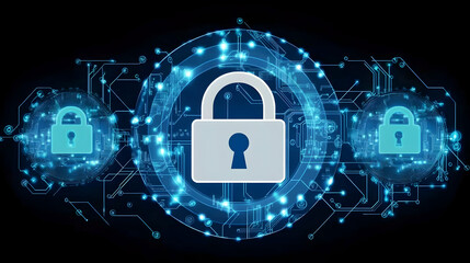 Cyber security concept with three digital padlocks.