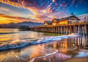 Obraz premium Scenic View of Stearns Wharf, the Oldest Wooden Pier in California, Showcasing its Historic Architecture and Vibrant Coastal Atmosphere Along the Beautiful Santa Barbara Waterfront