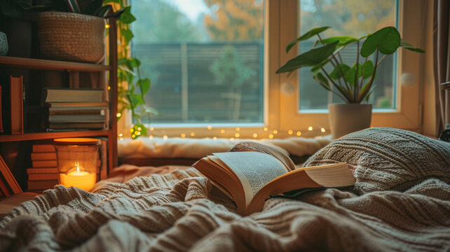 Relaxing reading nook with a blanket, book, and soft lighting, fostering mental well-being and calmness.