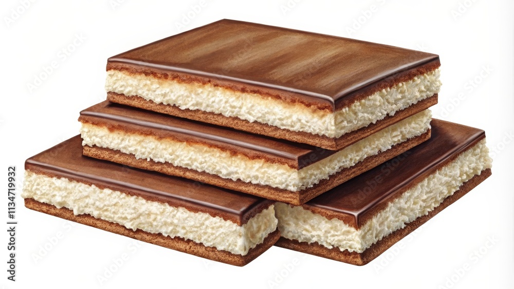 Poster A stack of chocolate-covered squares with a layer of creamy filling.  The texture is soft and fluffy, making this treat perfect for a satisfying snack.