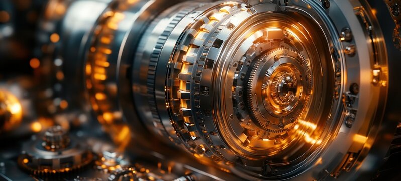 Close-up of Bank Vault Lock Intricate Mechanisms and Golden Tones Financial Security Concept