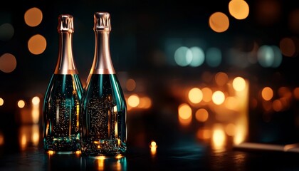 Two elegant champagne bottles glisten in a dimly lit setting, surrounded by soft bokeh lights, creating a celebratory atmosphere.