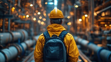 Obraz premium Construction Worker Inspecting Machinery with Tablet in Industrial Facility