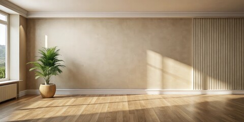 Fototapeta premium A minimalistic interior design with a single potted plant in a room with wooden floors and a large wall with subtle light casting shadows.