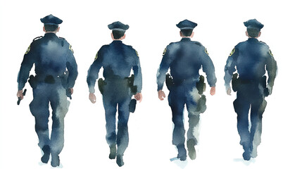 Watercolor of four police officers walking away in blue uniforms, white background