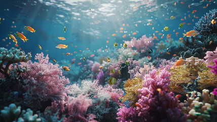Fototapeta premium Patches of bleached coral interrupt a once-thriving reef, surrounded by tropical fish. This scene underscores the vulnerability of marine habitats to global warming.