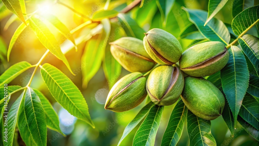 Poster a close-up view of pecan nuts growing on a tree branch, surrounded by lush green leaves, bathed in t