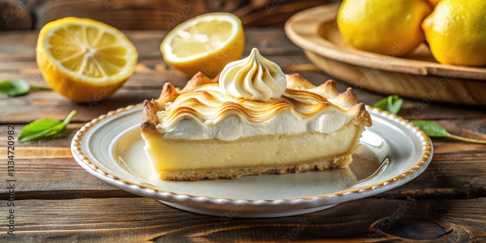 Poster a slice of lemon meringue pie with a golden crust and a fluffy meringue topping, resting on a white 