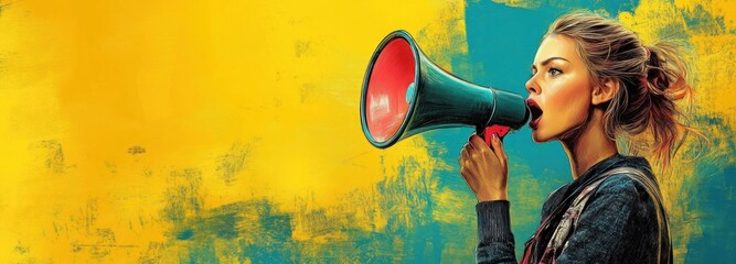 Woman Shouting into Megaphone in Retro Pop Art Style with Yellow and Teal Background Dynamic Brush Strokes and High Contrast Lighting
