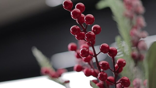 Closeup footage of the shiny winterberry Christmas decoration on a bright blurred background