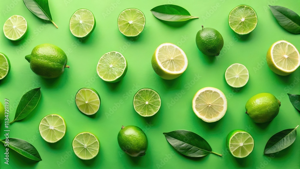 Poster A vibrant green background adorned with fresh limes, both whole and sliced, creating a visually appealing and refreshing pattern.