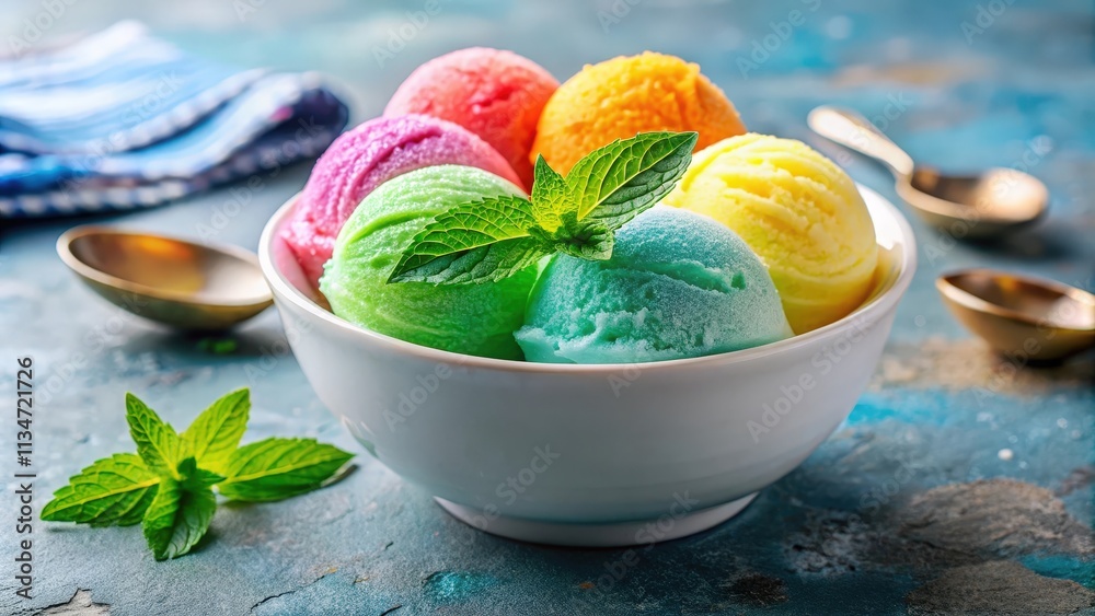 Poster a bowl of colorful ice cream scoops with a sprig of fresh mint on top, ready to be enjoyed on a hot 