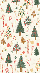 A festive pattern featuring Christmas trees, candy canes, and holiday-themed decorations.