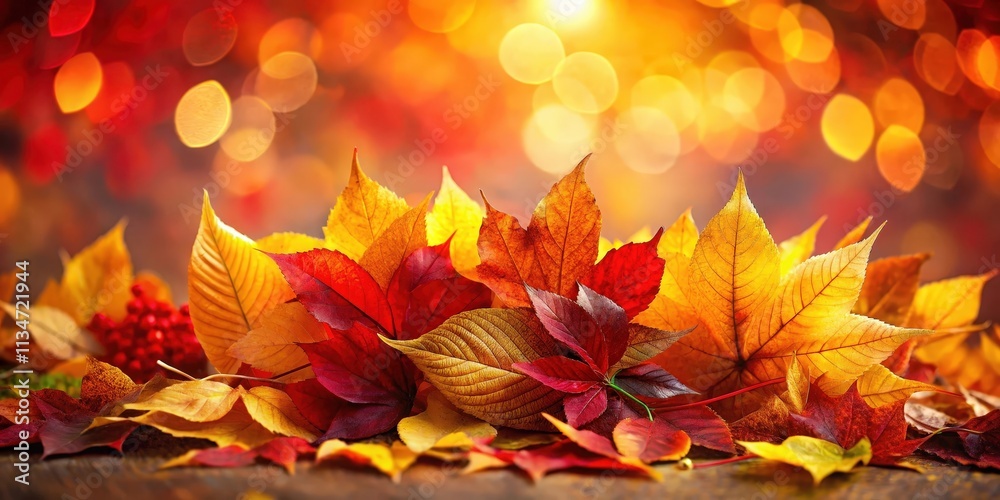 Poster autumnal foliage displaying vibrant hues of yellow, red, and orange with a soft bokeh background