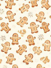 Obraz premium A festive pattern of smiling gingerbread cookies on a light background.