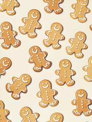 A festive arrangement of gingerbread cookies with cheerful faces on a light background.