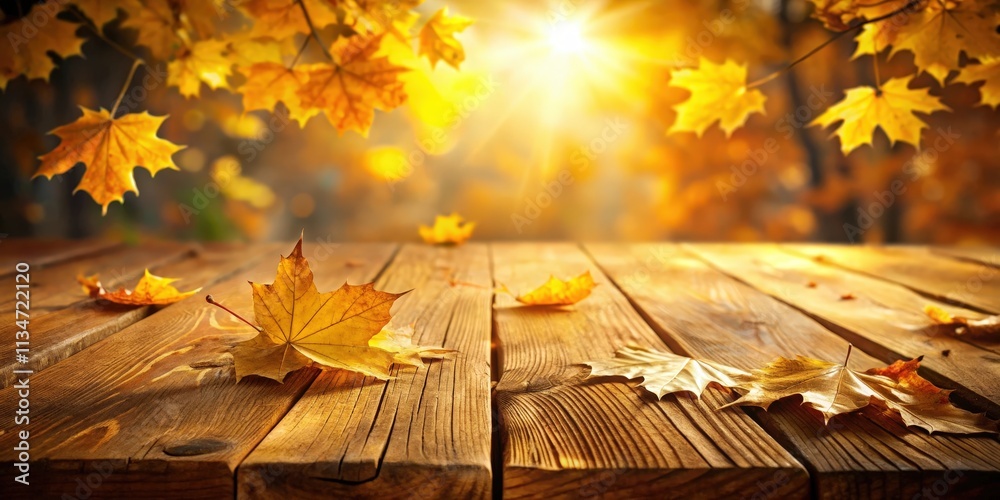 Poster Golden Autumn Leaves Resting on a Rustic Wooden Table with a Blurred Background of Sunlight Filtering Through Fall Foliage