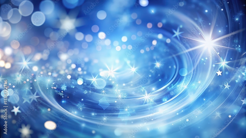 Poster Twinkling Stars and Shimmering Lights on a Blue Background with Abstract Swirls and Bokeh Effects